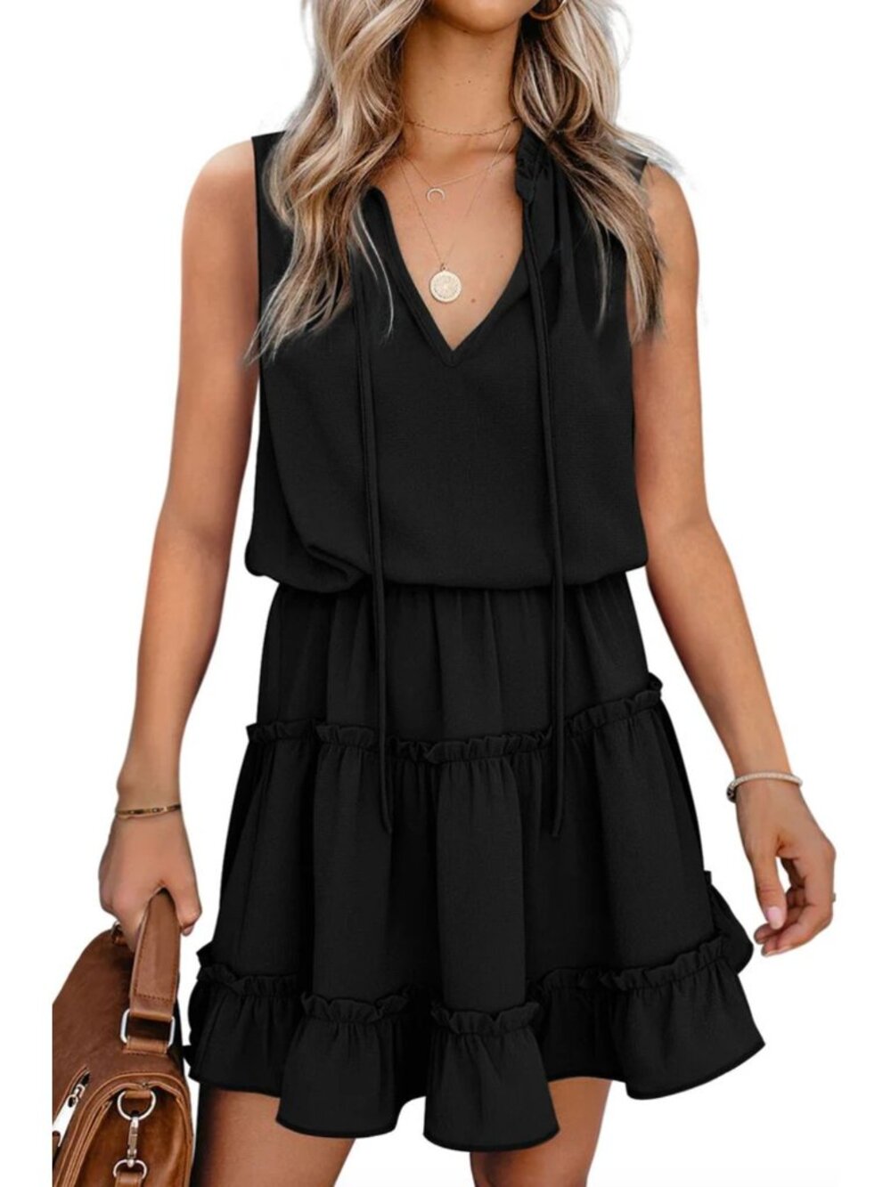 Black Sleeveless Tie Neck Blouson Tiered Dress Size 2X Boho Summer Plus Wedding‎